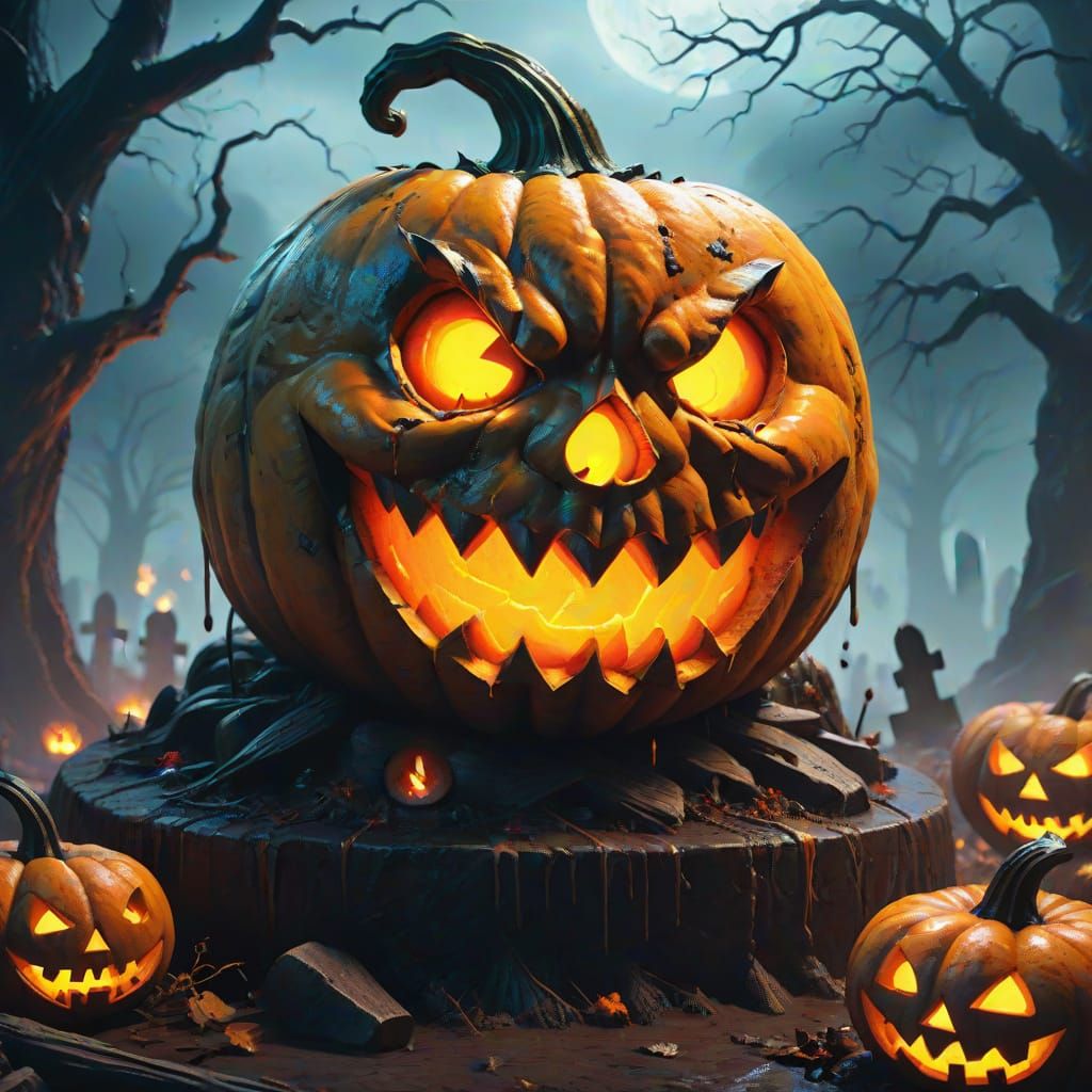 Demonic Jack-O-Lantern in Misty Graveyard Oil Painting