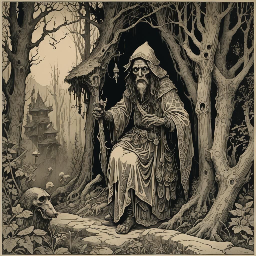 Baba Yaga Etching Inspired by Mucha and Dore