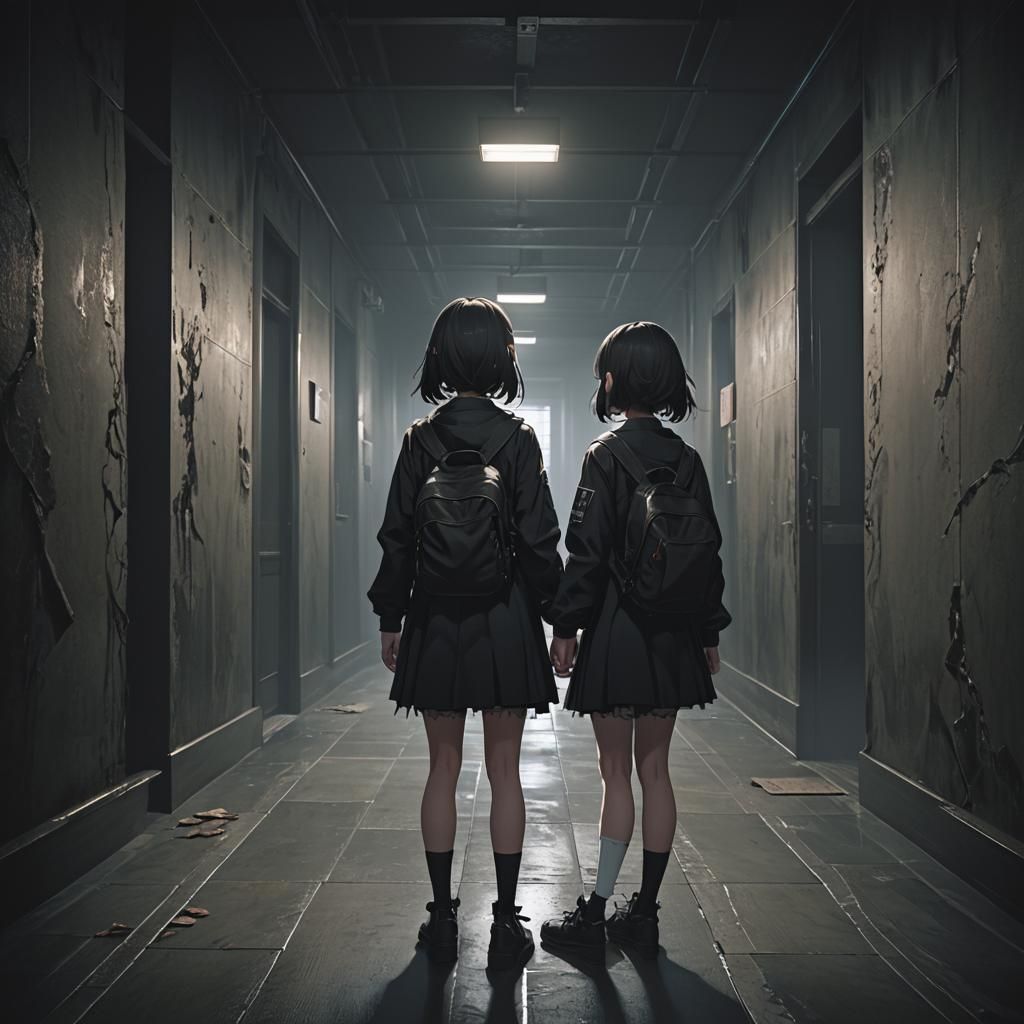 Creepy Anime Twin Girls in Dark Hallway