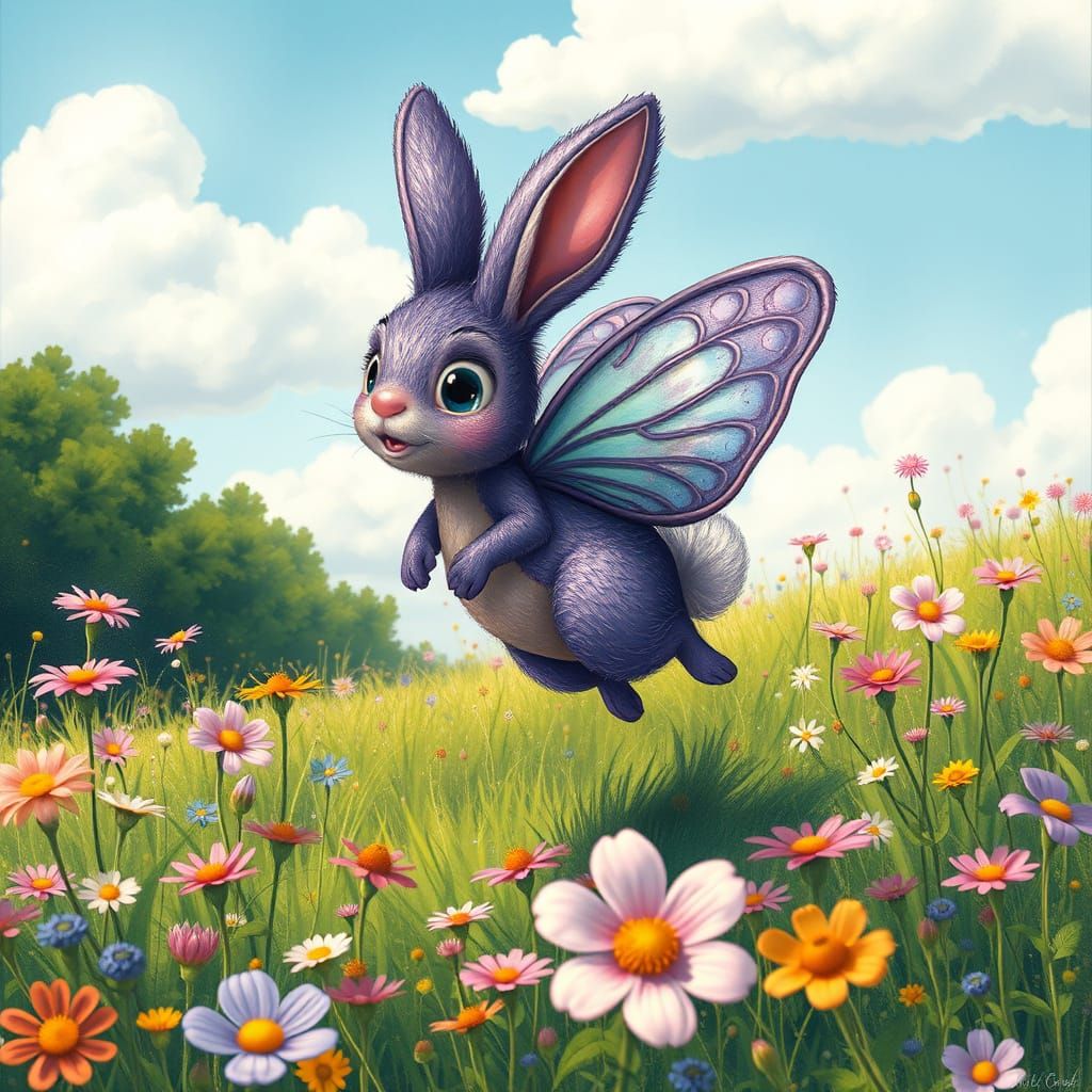 Whimsical French Art Nouveau Creature in a Vibrant Meadow