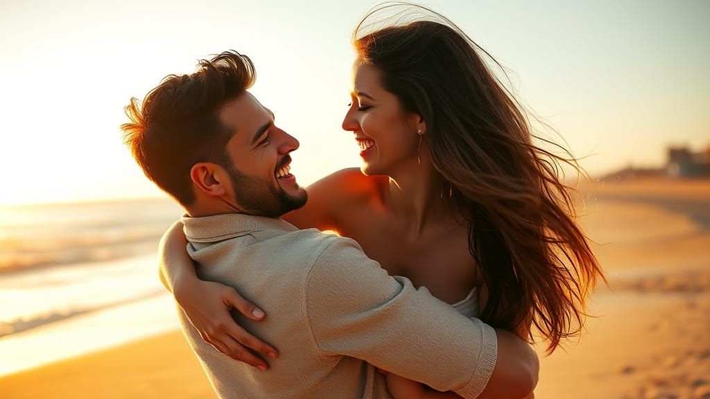 Joyful Couple's Golden Hour Beach Embrace