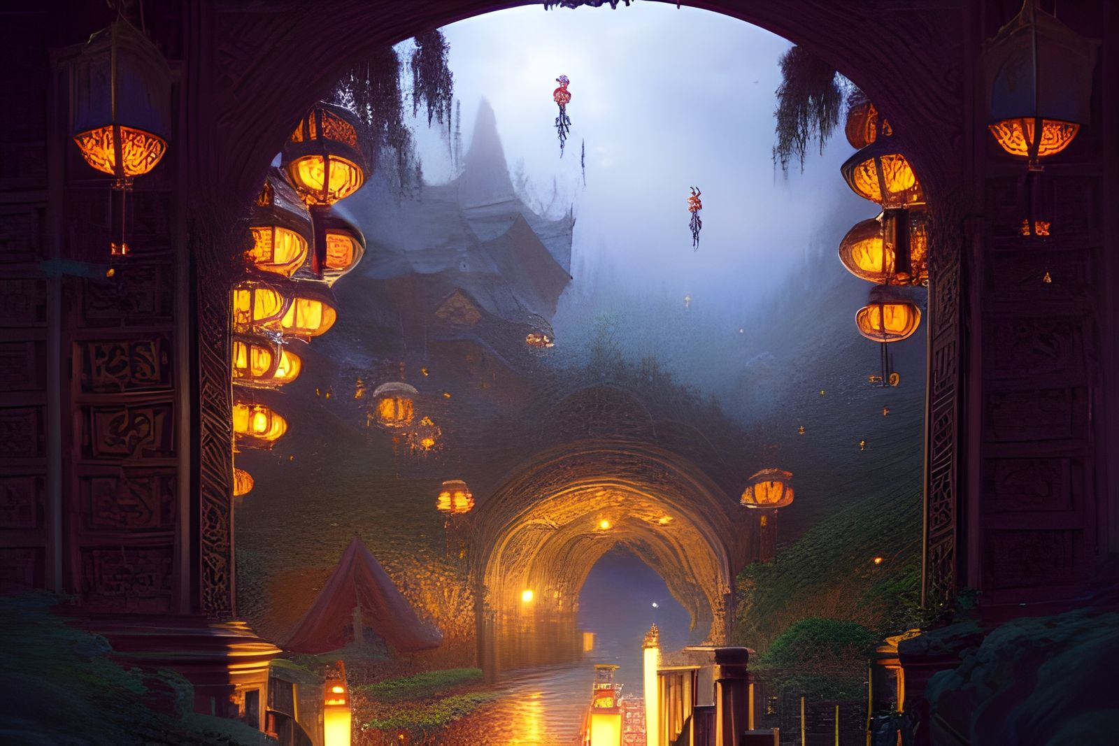 Romantic Lantern Path: Fantasy Illustration