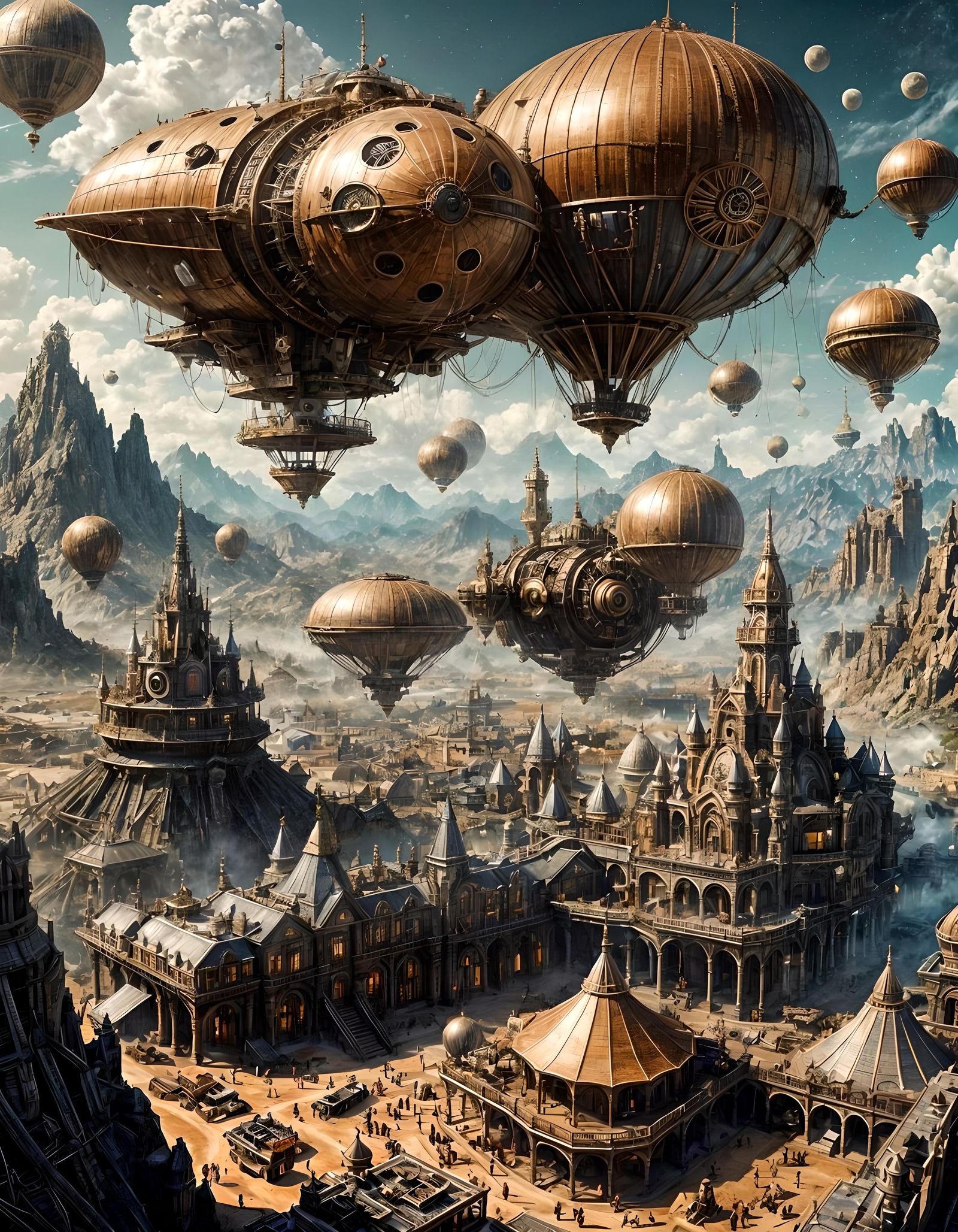 Steampunk Theme Park on the Moon: Hyperrealistic Art