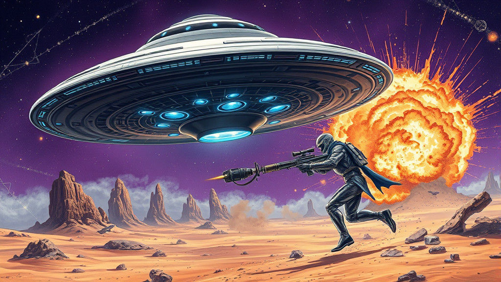 UFO Hovering over Alien Landscape in Comic Book Style