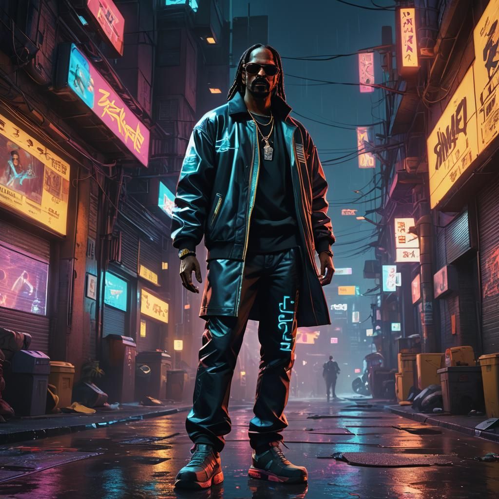 Snoop Dogg in Neon-Drenched Cyberpunk Alleyway
