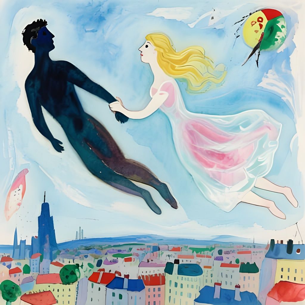 Two Figures Flying Over City in Watercolor Style