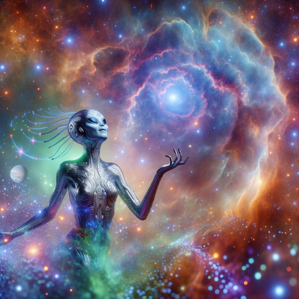 Radiant Alien Woman Dances Among Stars in Futuristic Cosmic ...