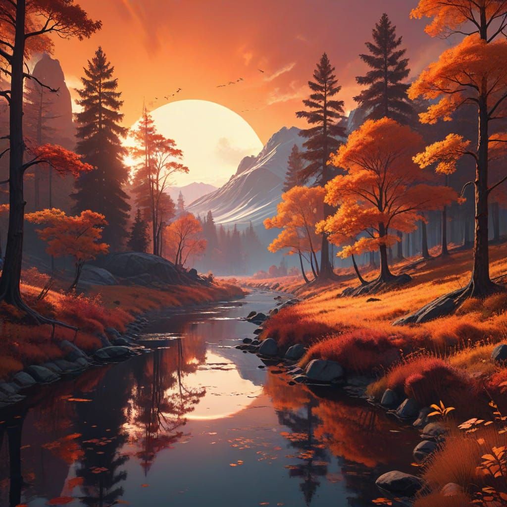 Surreal Sunset Plateau with Trees and River in Vibrant Color...