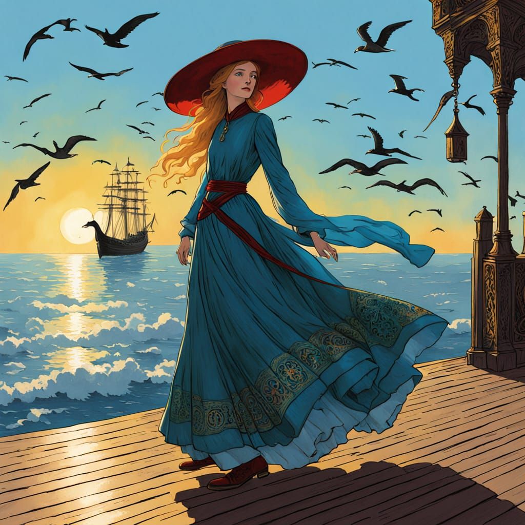 Elegant Woman Admires Majestic Ship in Sunset Harbor