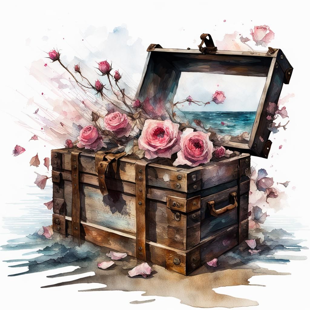 Open Treasure Chest with Letters by the Sea