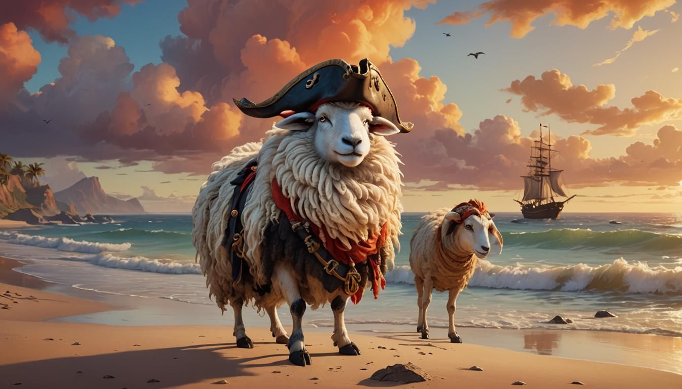 Pirate Sheep Concept Art on a Sunlit Shore