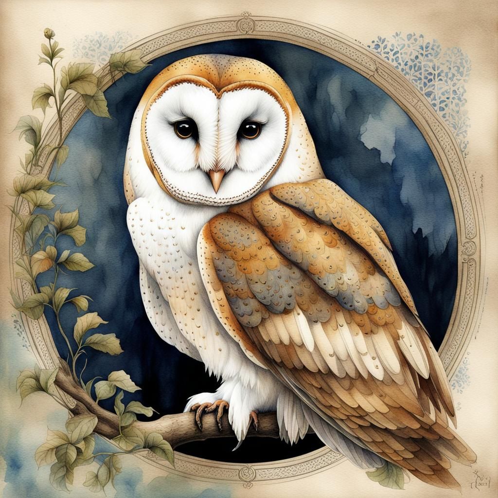 Watercolor Barn Owl in Old Sketchbook Style