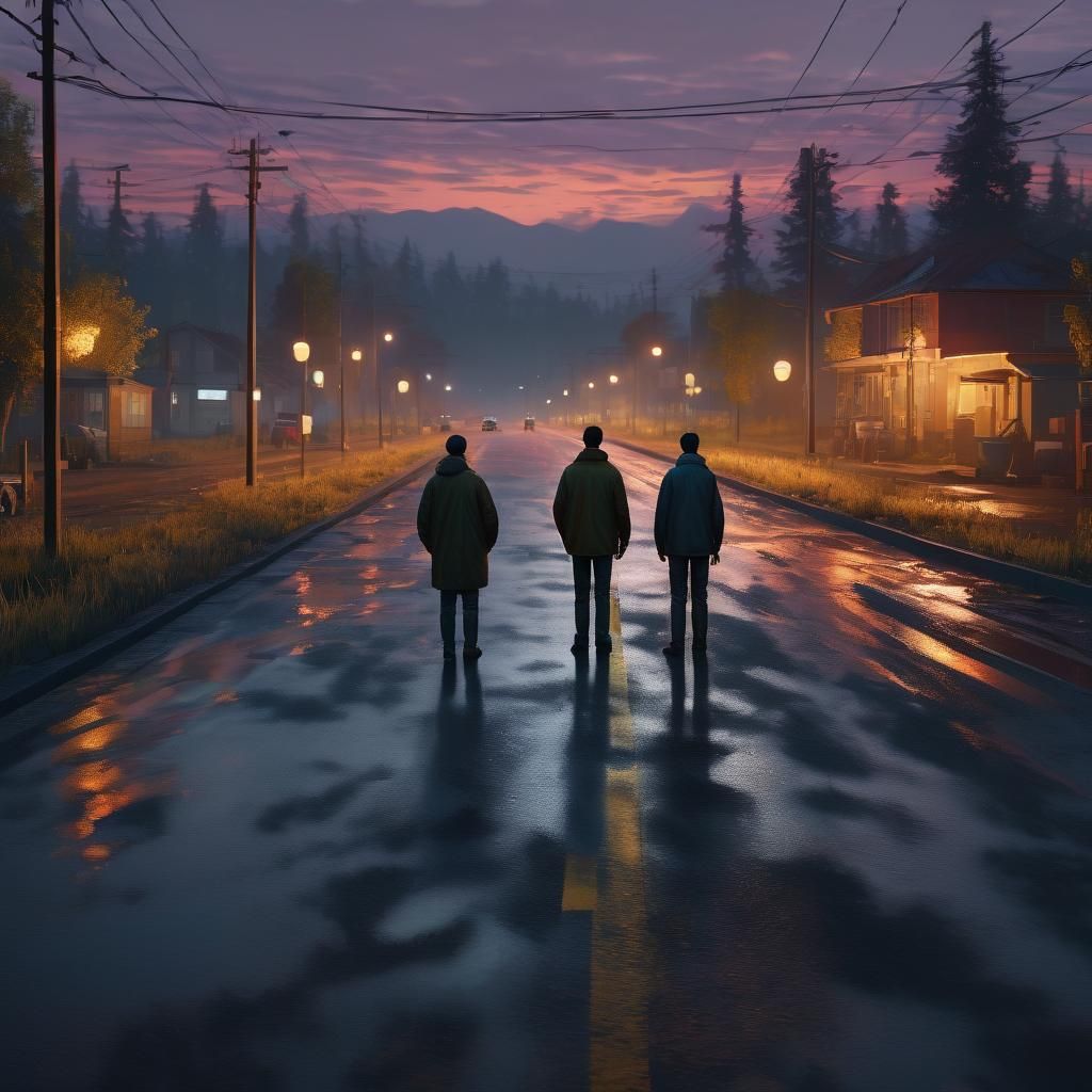 Cinematic 3D Characters on a Road at Dusk
