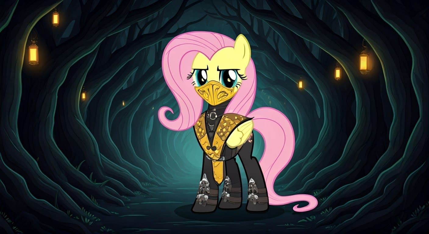 Fluttershy from My Little Pony Friendship Is Magic cosplaying Scorpion from Mortal Kombat