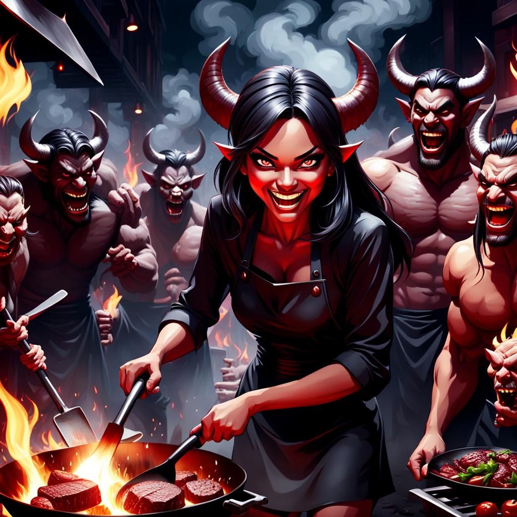 Cute demon girl cooking at hell's kitchen, big steak on a shovel, exalted sinister smile, eyes roled from joy, group of ...