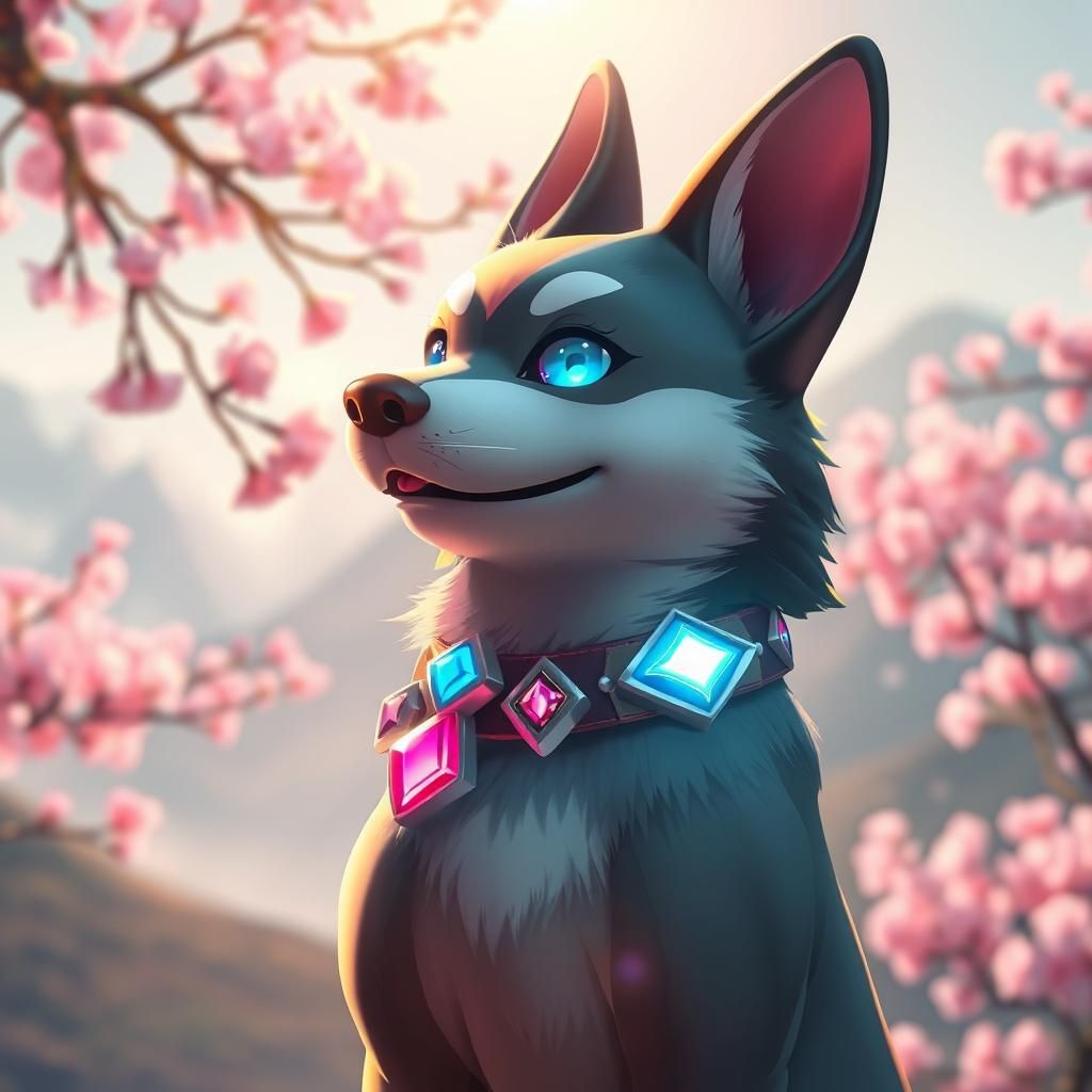Fantasy Canine in Anime-Inspired Cherry Blossom Scene