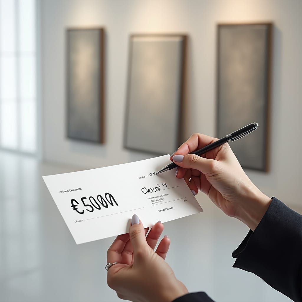 Hyper-Realistic Female Hand Signs Cheque in Modern Art Galle...