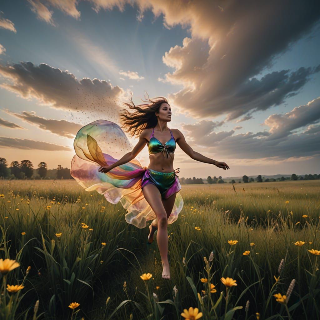 Beautiful Young Woman Soars Over Vibrant Spring Meadow