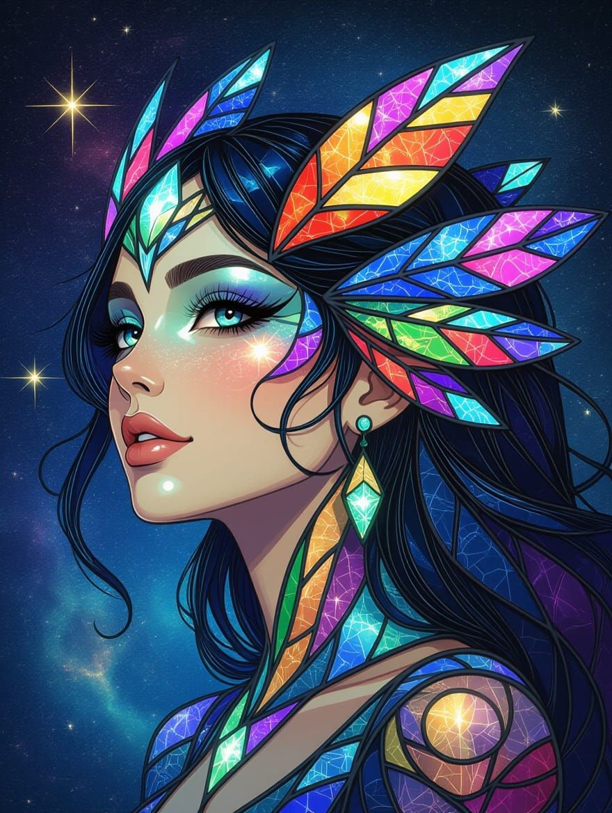 Iridescent Cosmic Monster Girl in Stained Glass