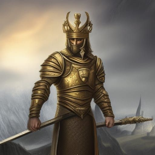 Golden-Armored King Arthur: Hyperdetailed Pencil Drawing