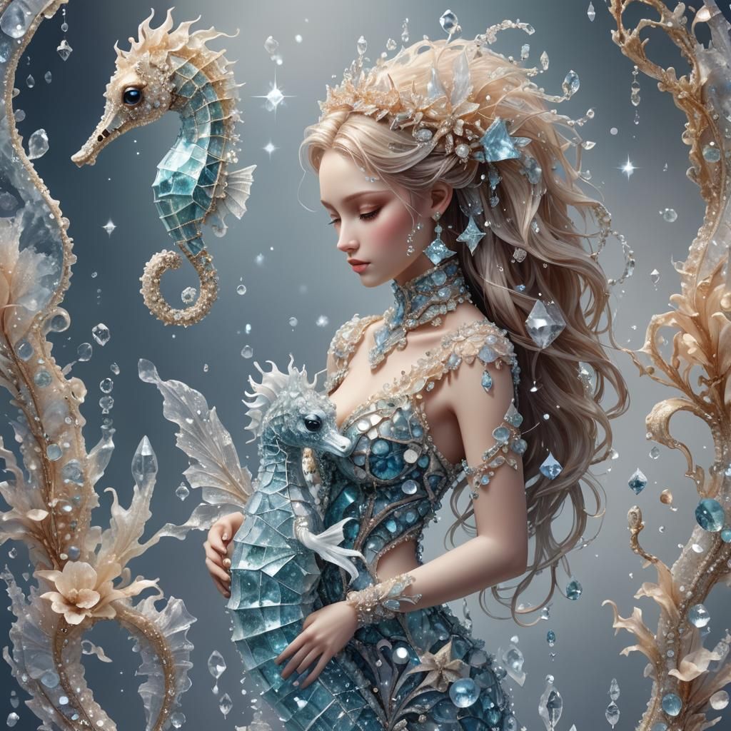 Crystalline Seahorse and Girl: Ethereal Digital Art