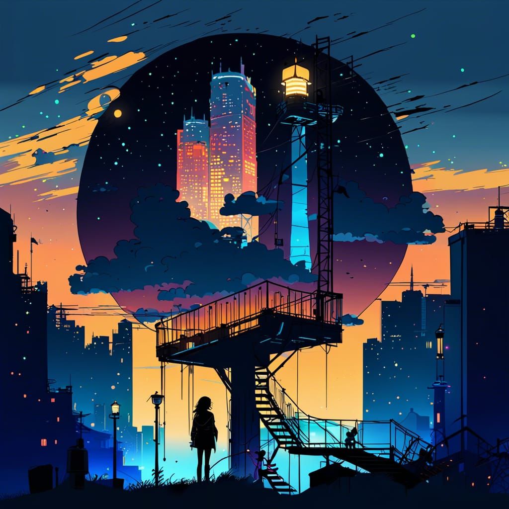 Cyberpunk Cityscape at Night in Vector Art Style