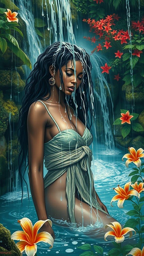 Afrofuturist Woman Bathing in Waterfall, Ukiyo-e Style