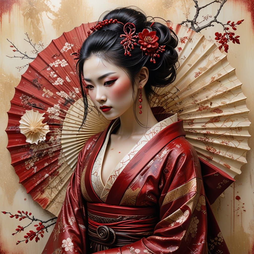 Ethereal Geisha Portrait in Encaustic Mixed Media