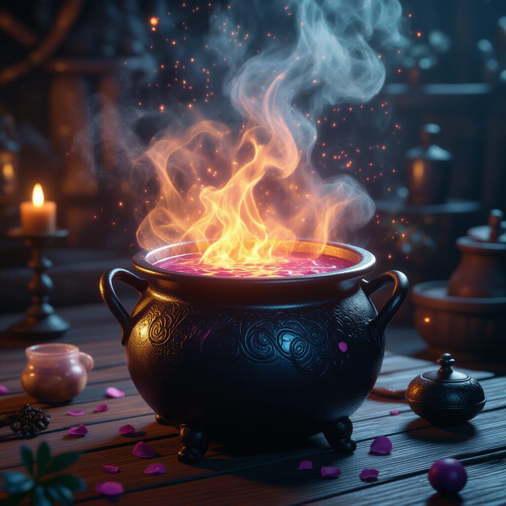 Steaming Love Potion in a Magical Cauldron