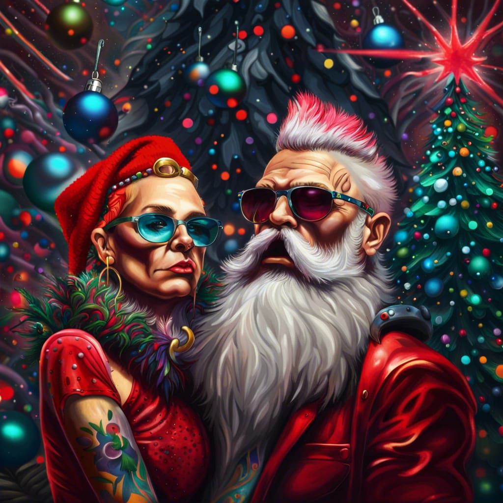 Glam Punk Rock Santa Claus in Abstract Mall Scene
