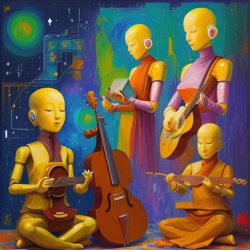 Robot Monks' Space Concert: Expressionist Oil Painting