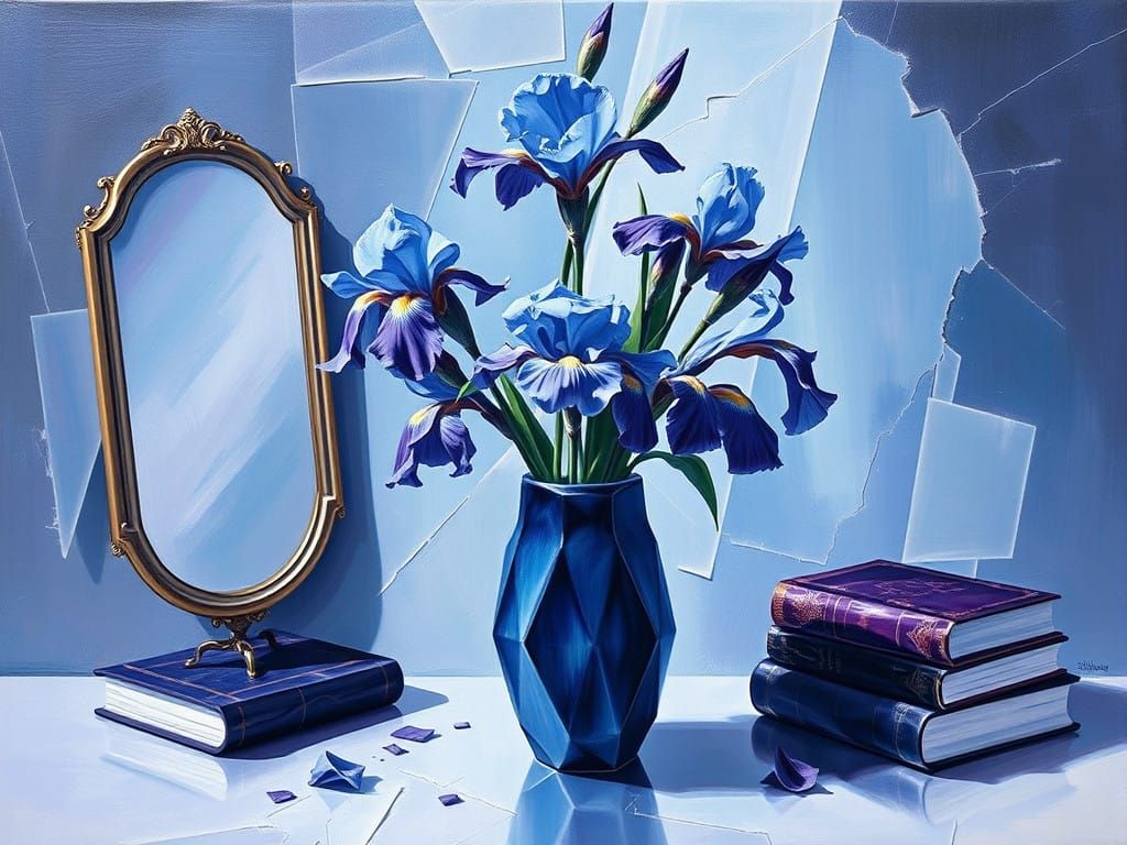 Elegant Blue Iris Still Life in Geometric Vase