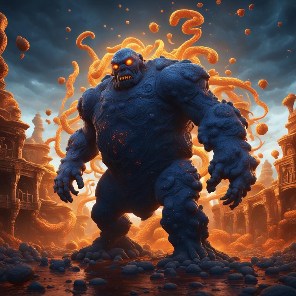 Vegemite Golem Battle in Dark Fantasy World