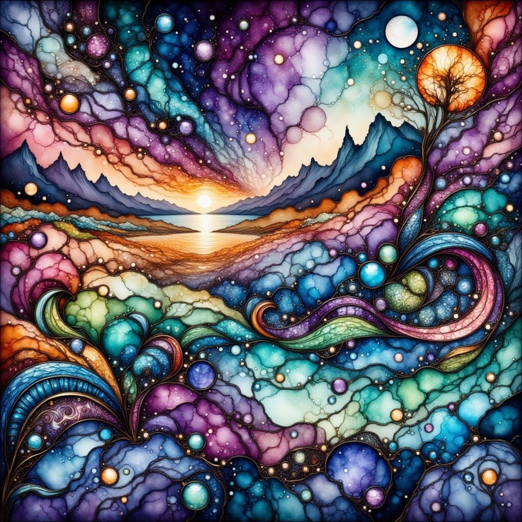 Ethereal Harmonies in Vibrant Abstract Ink Art