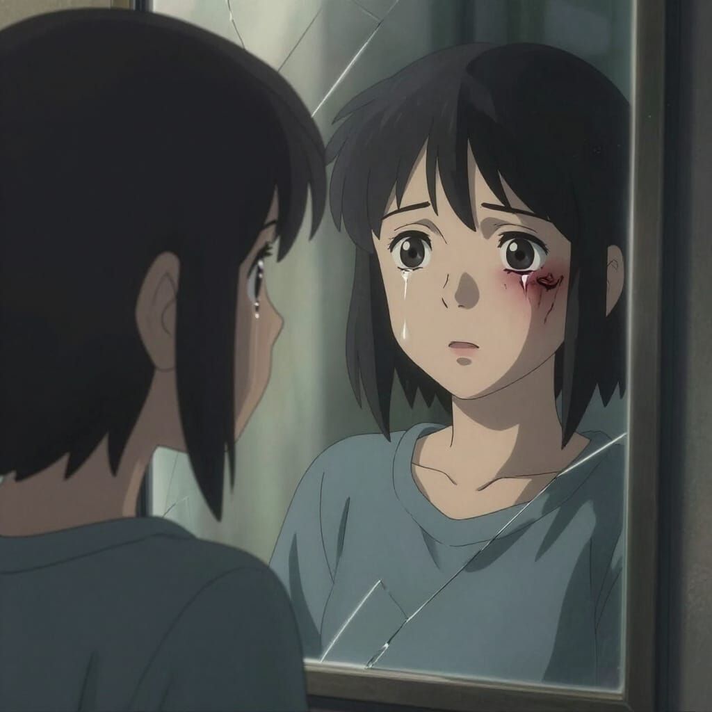 Anime Girl With Scars Gazing Into Cracked Mirror