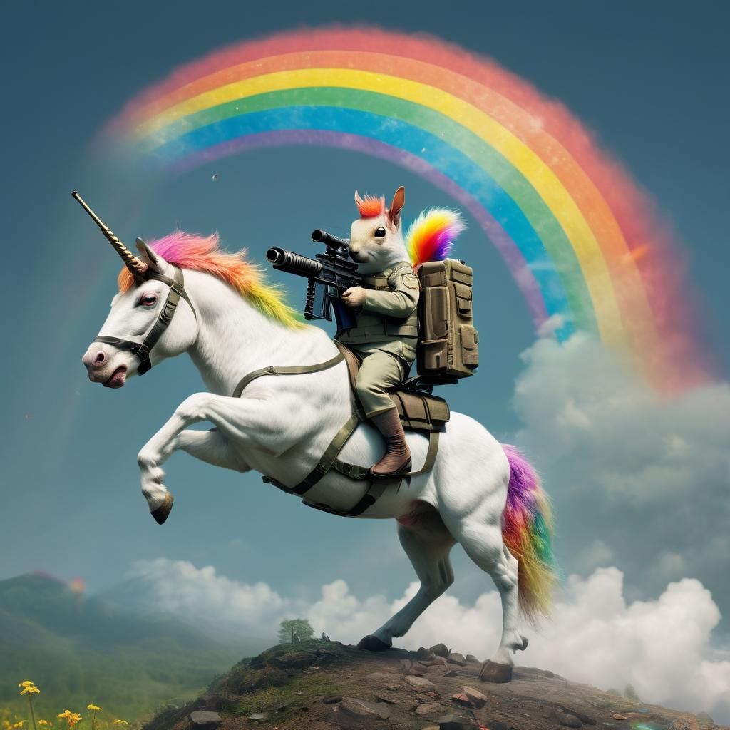Squirrel Rides Unicorn Through Rainbow