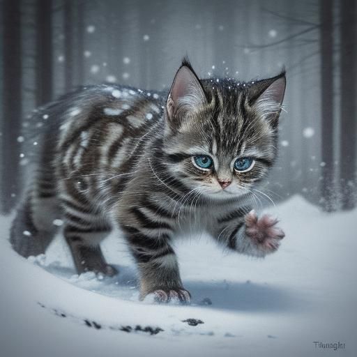 Hyperrealistic Norwegian Forest Kitten in Snowy Forest