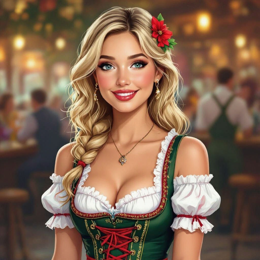 Oktoberfest Waitress in Dirndl with Butterfly Tattoo and Red...