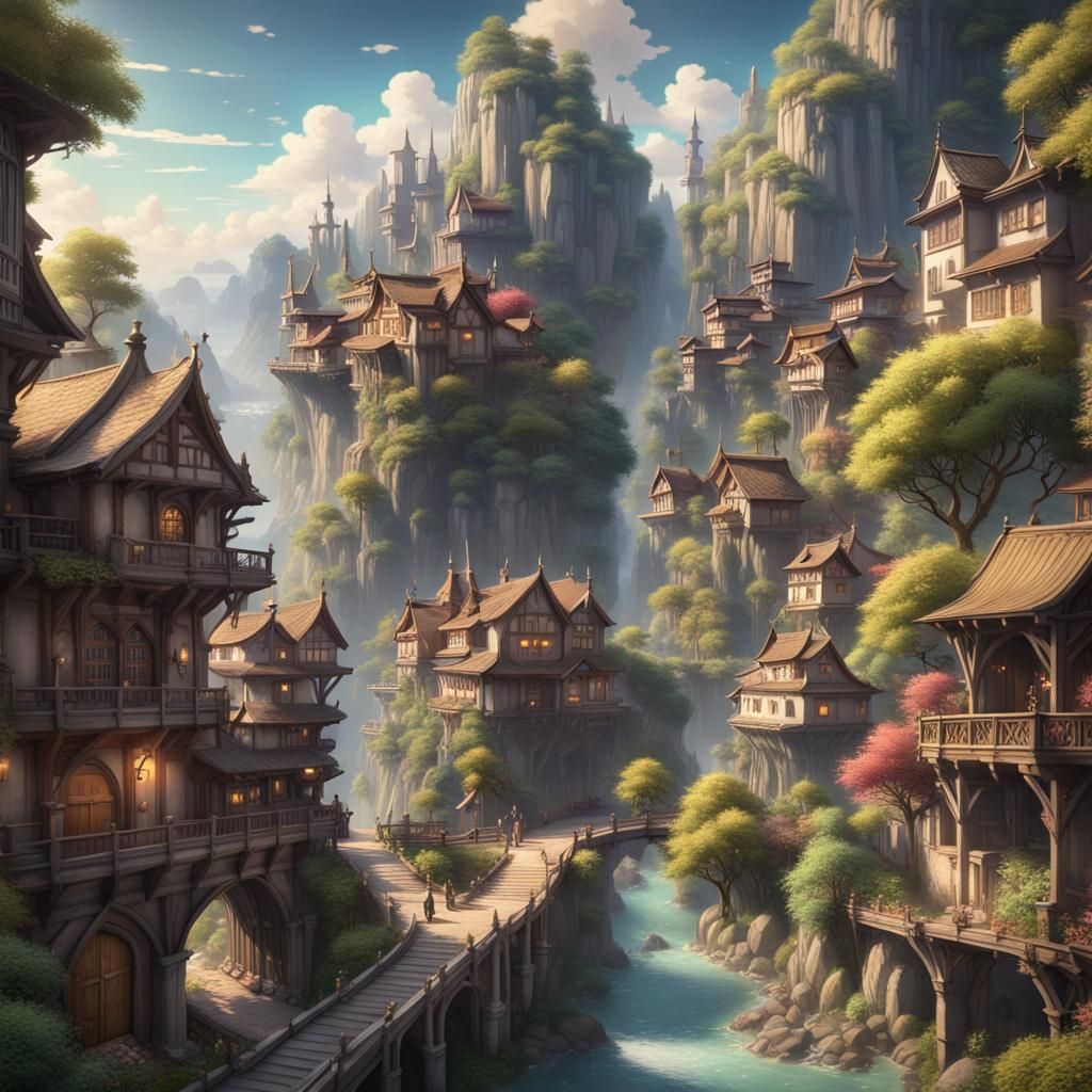 Fantasy City on Mountain in Ghibli Style