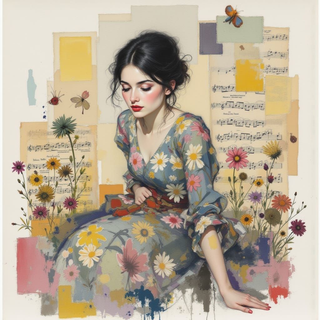 Woman in Collage of Paper and Flowers
