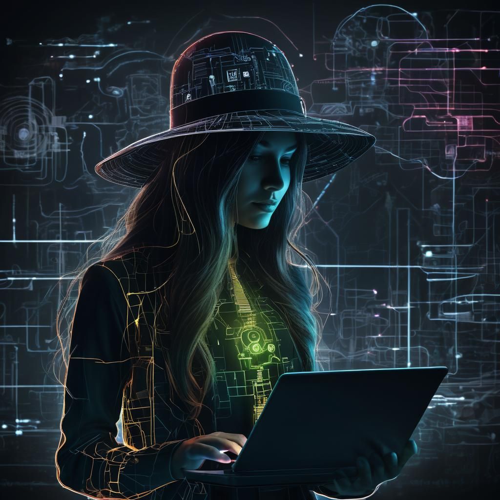 Neon Circuit Double Exposure of Woman with Laptop