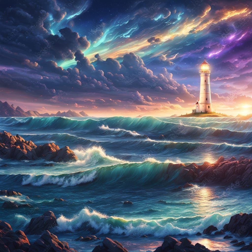 Lighthouse Shines in Celestial Sky: Oil Painting