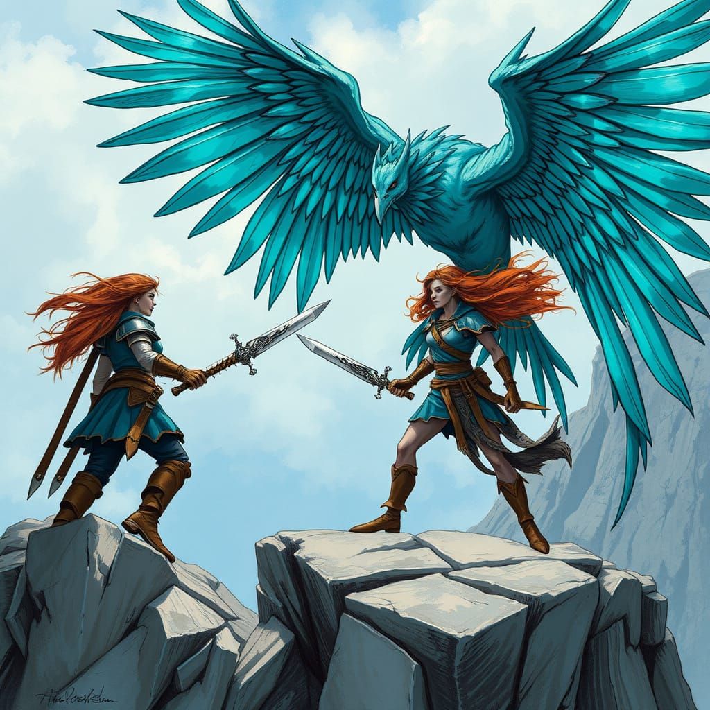 Ethereal Warrior Confronts Turquoise Harpy on Cliff Ledge in...