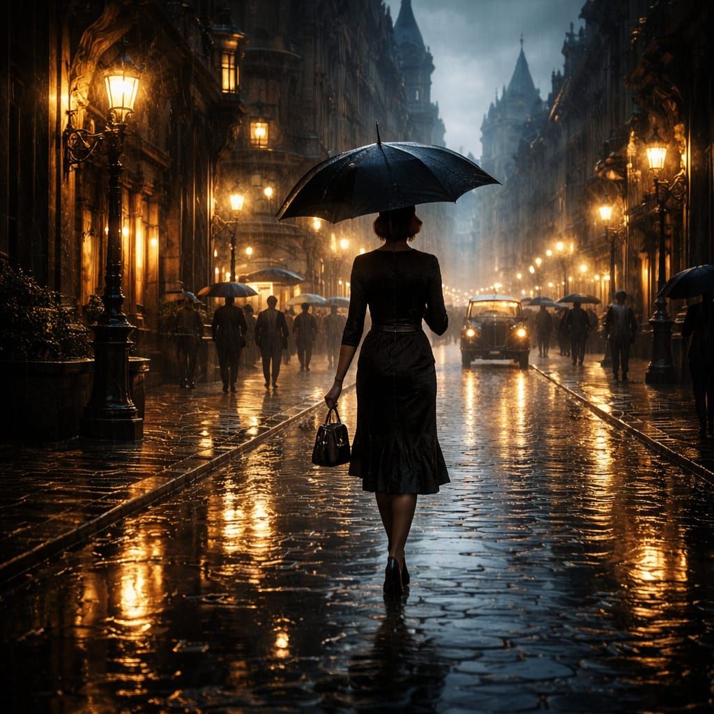 1920s Woman in Rainy City Street at Dusk