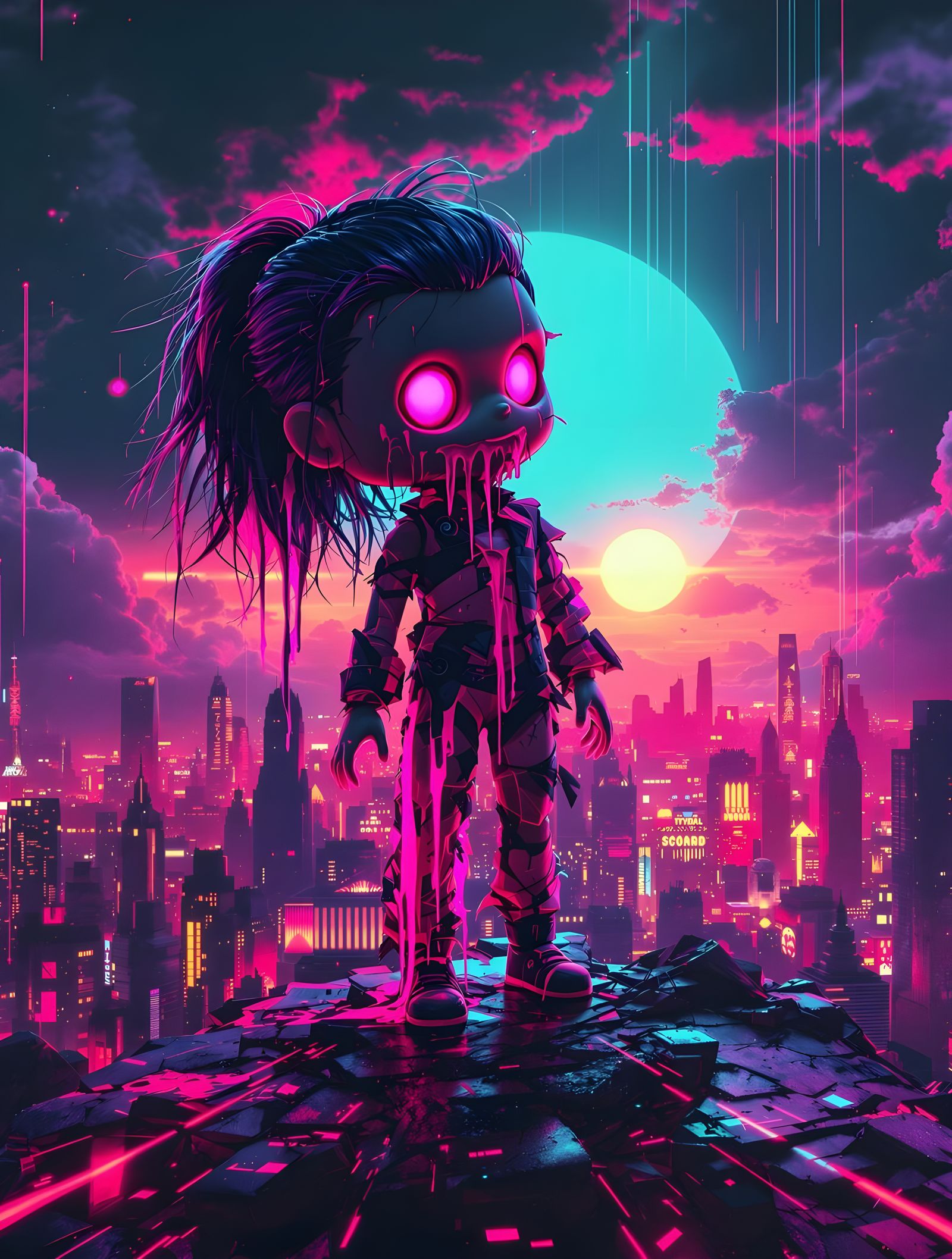 Corrupted VHS Doll in Cyberpunk Cityscape