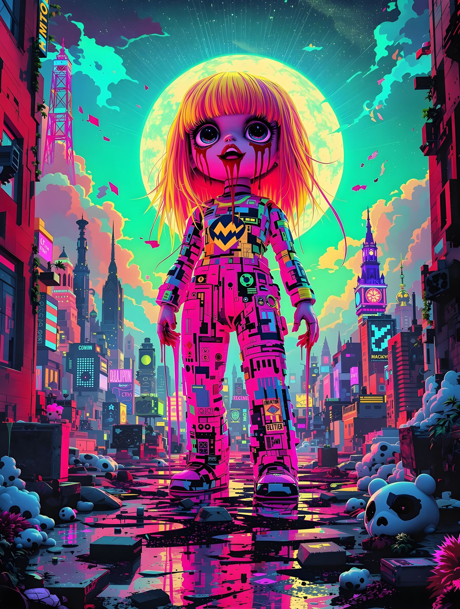Vibrant Vaporwave Doll Oozing Pixels in Retro City