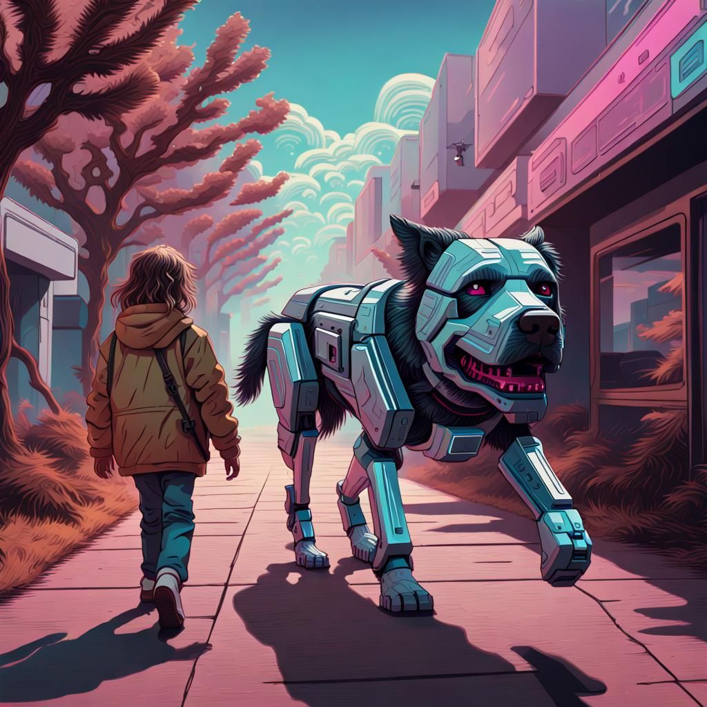 Small Person Walks Big Dog: Photoillustration in Pixel Art