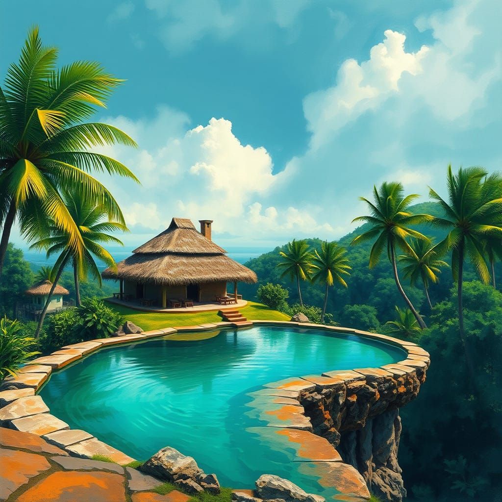 Straw House Amidst Palm Trees with Infinity Pool in Cinemati...