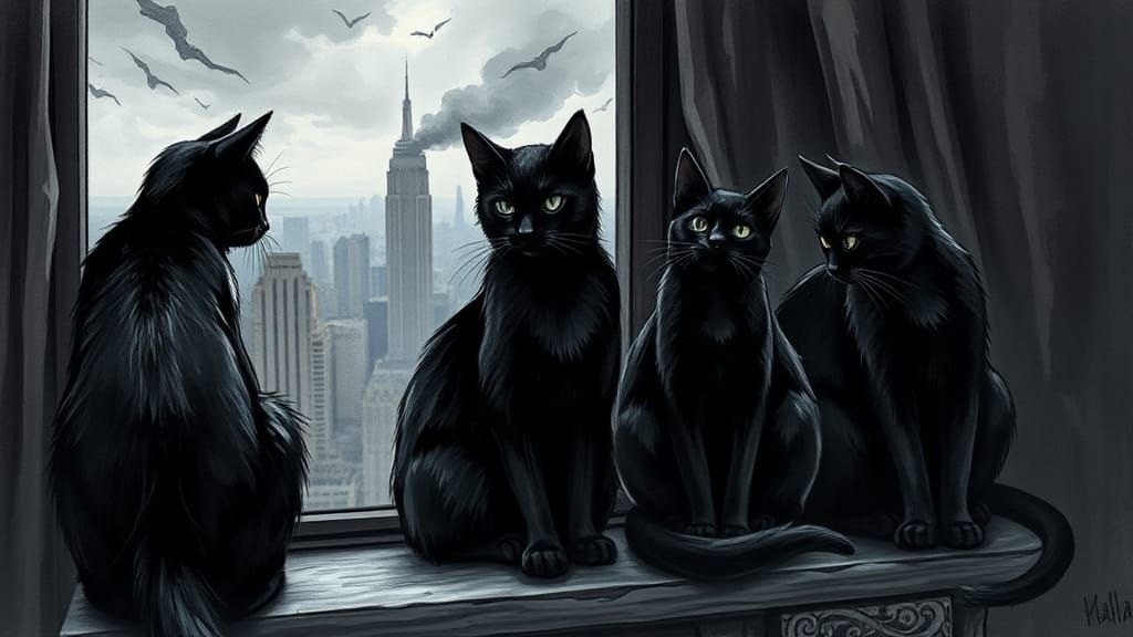 Cats Overlooking Dystopian Cityscape as Impasto Painting