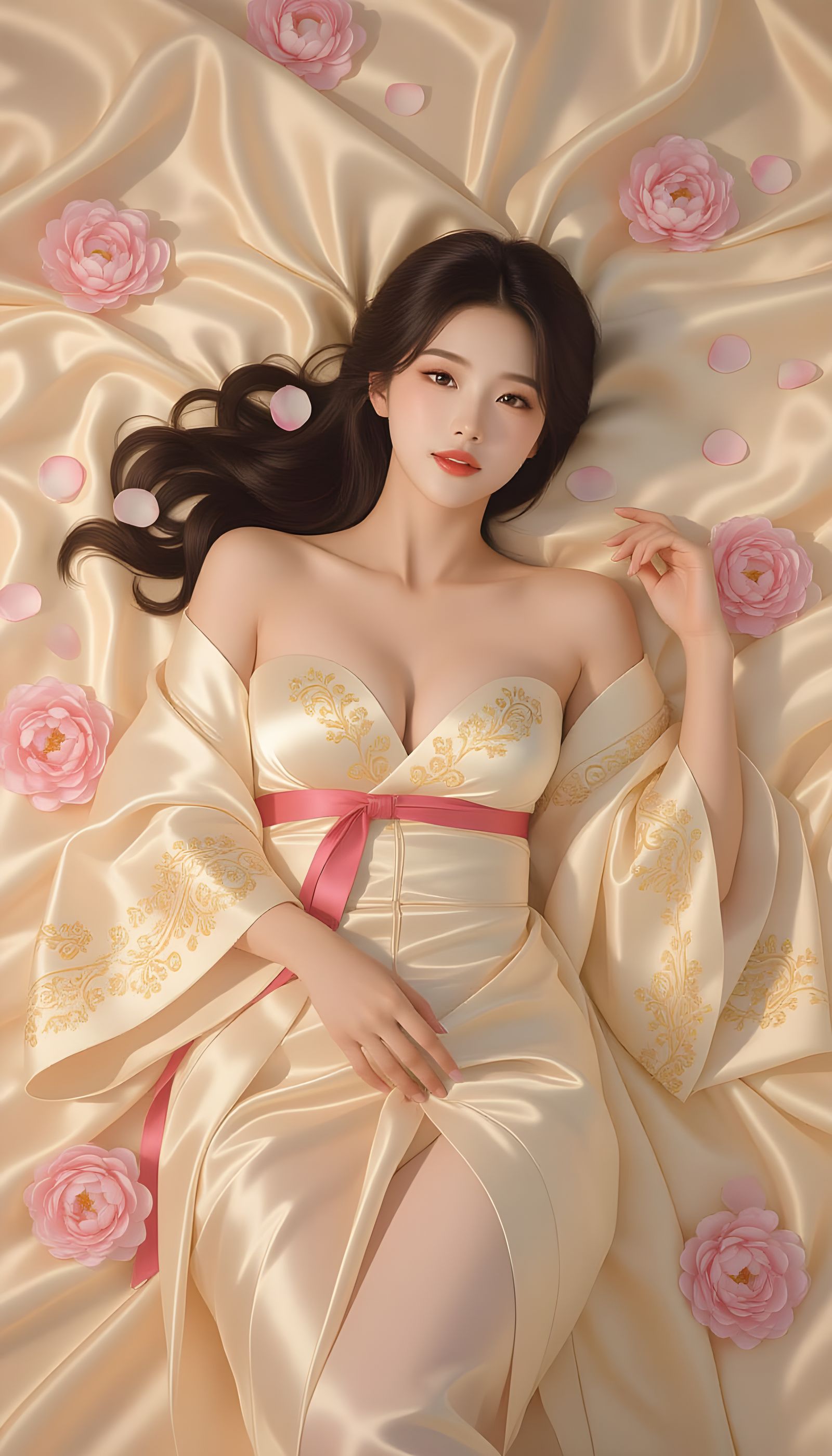 Sensual Korean Woman Lounging Surrounded by Peonies